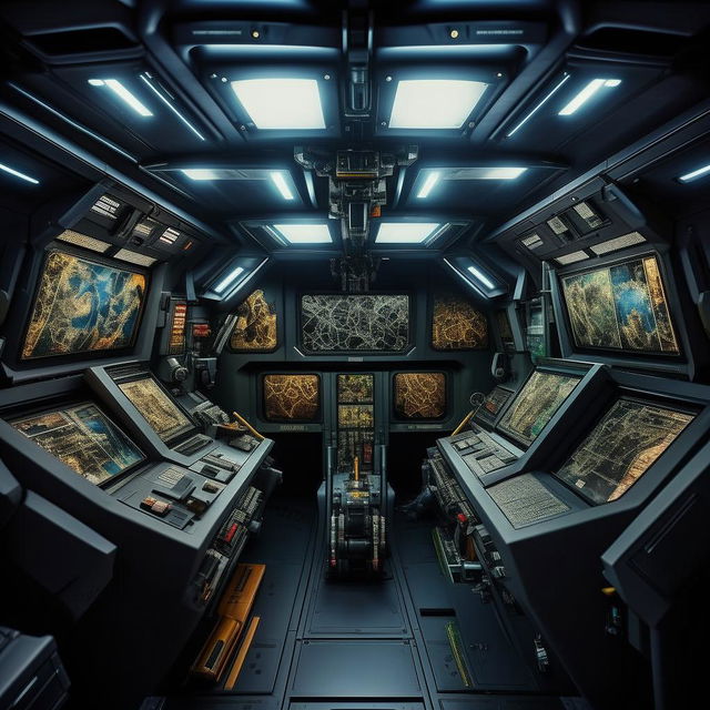 The interior of a commando van that transforms into a futuristic jet fighter, showcasing an advanced control panel, high-tech navigation systems, and automated weapon controls.