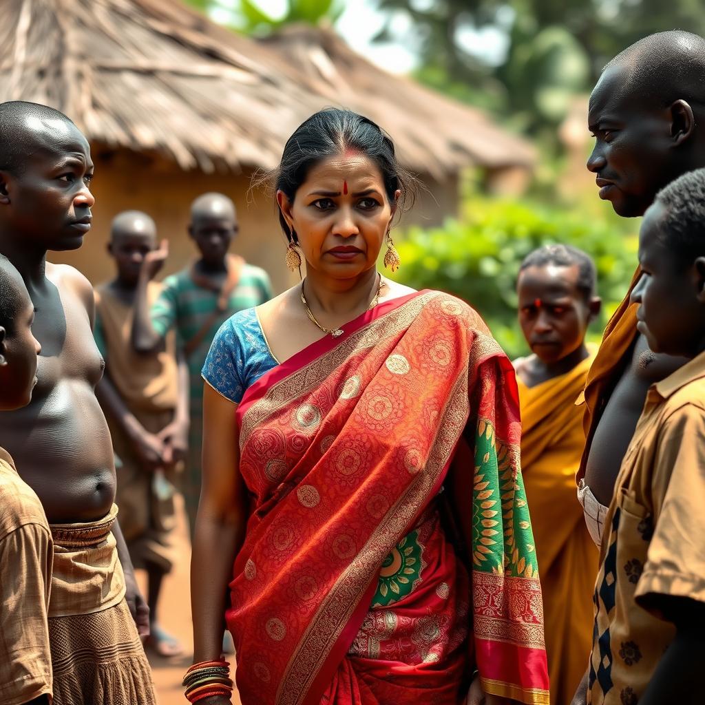 A worried Indian woman dressed in a colorful saree, standing in an African village setting