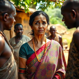 A worried Indian woman dressed in a colorful saree, standing in an African village setting