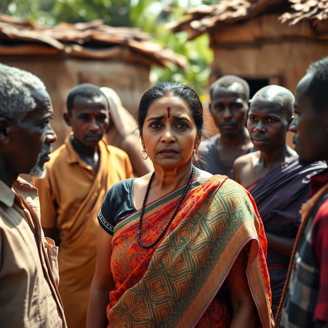 A worried Indian woman dressed in a colorful saree, standing in an African village setting