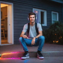 A cool, brunette skater guy wearing headphones and trendy skater clothing, hanging out at his house with his gray cat, surrounded by colorful LED lights