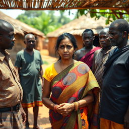 A worried Indian woman dressed in a colorful saree, standing in an African village setting