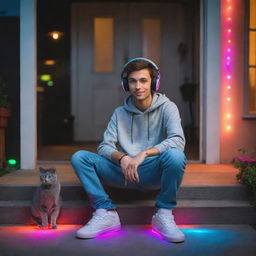 A cool, brunette skater guy wearing headphones and trendy skater clothing, hanging out at his house with his gray cat, surrounded by colorful LED lights