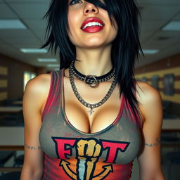 A stunning close-up shot of a gorgeous female with striking black hair, wearing a faded colorful tank top featuring a distinctive 'FIST' band logo