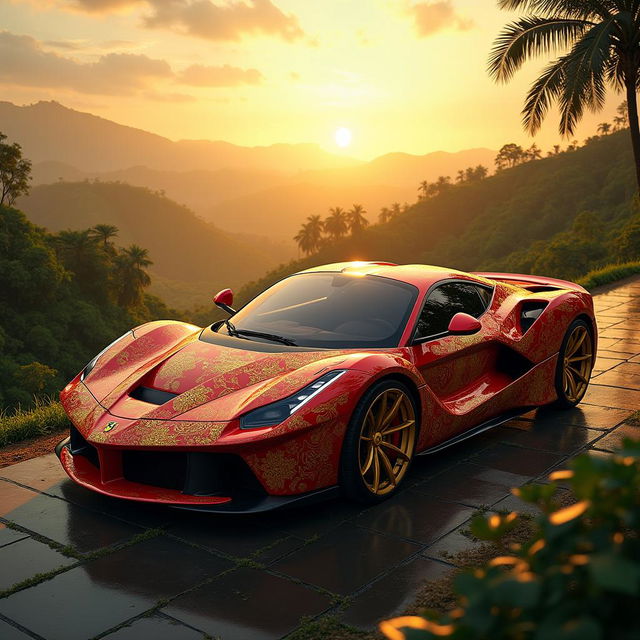 A stunning concept of a Ferrari designed with Indonesian influences, featuring traditional batik patterns intricately woven into the sleek body of the car