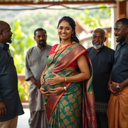 A pregnant Indian woman dressed in an elegant saree, showcasing intricate patterns and vibrant colors