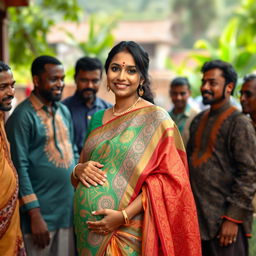 A pregnant Indian woman dressed in an elegant saree, showcasing intricate patterns and vibrant colors