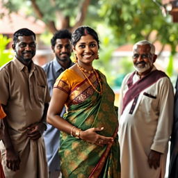 A pregnant Indian woman dressed in an elegant saree, showcasing intricate patterns and vibrant colors