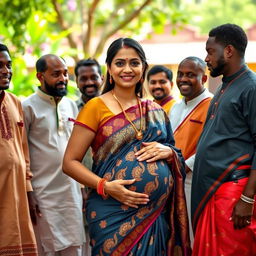 A pregnant Indian woman dressed in an elegant saree, showcasing intricate patterns and vibrant colors