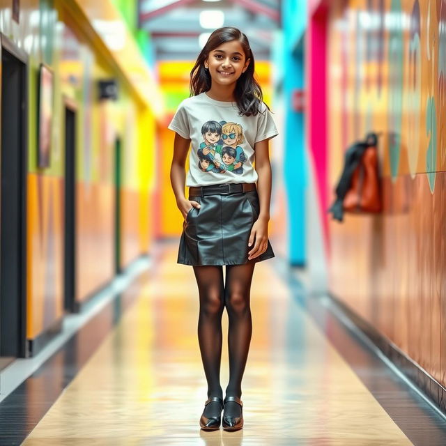 A fashionable and youthful scene featuring a young Indian school girl, aged 14, dressed in a stylish leather mini skirt, a trendy t-shirt, black stockings, and chic black heels