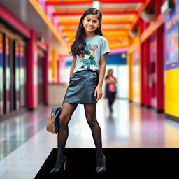 A fashionable and youthful scene featuring a young Indian school girl, aged 14, dressed in a stylish leather mini skirt, a trendy t-shirt, black stockings, and chic black heels