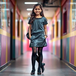 A fashionable and youthful scene featuring a young Indian school girl, aged 14, dressed in a stylish leather mini skirt, a trendy t-shirt, black stockings, and chic black heels