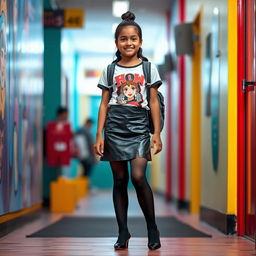 A fashionable and youthful scene featuring a young Indian school girl, aged 14, dressed in a stylish leather mini skirt, a trendy t-shirt, black stockings, and chic black heels