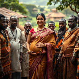 A vibrant scene depicting a pregnant Indian woman dressed in an elegant saree, adorned with intricate patterns and colors that reflect her cultural heritage