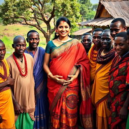 A vibrant scene depicting a pregnant Indian woman dressed in an elegant saree, adorned with intricate patterns and colors that reflect her cultural heritage