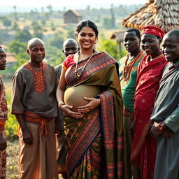 A vibrant scene depicting a pregnant Indian woman dressed in an elegant saree, adorned with intricate patterns and colors that reflect her cultural heritage