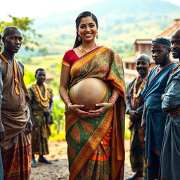 A vibrant scene depicting a pregnant Indian woman dressed in an elegant saree, adorned with intricate patterns and colors that reflect her cultural heritage