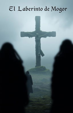 A dark realism scene with a Celtic touch, featuring blurred silhouettes of people shrouded in mist