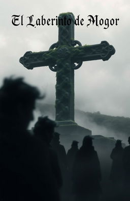 A dark realism scene with a Celtic touch, featuring blurred silhouettes of people shrouded in mist