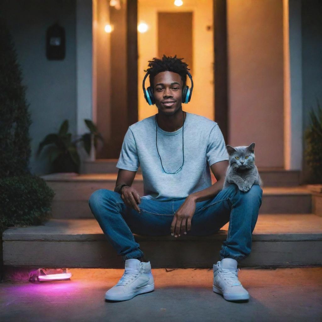 A cool, African-American skater guy wearing headphones and trendy skater clothing, hanging out at his house with his gray cat, illuminated by vibrant LED lights