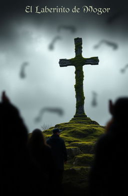 A dark realism scene with a Celtic touch, featuring blurred silhouettes of people shrouded in mist