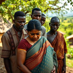 A scene featuring a tired pregnant Indian woman dressed in a beautifully patterned saree, her expression reflecting both weariness and strength