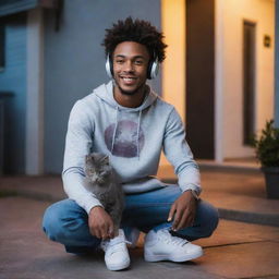 A cool, African-American skater guy wearing headphones and trendy skater clothing, hanging out at his house with his gray cat, illuminated by vibrant LED lights