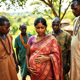 A scene featuring a tired pregnant Indian woman dressed in a beautifully patterned saree, her expression reflecting both weariness and strength