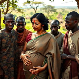 A scene featuring a tired pregnant Indian woman dressed in a beautifully patterned saree, her expression reflecting both weariness and strength