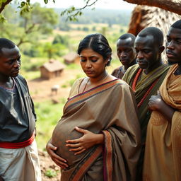 A scene featuring a tired pregnant Indian woman dressed in a beautifully patterned saree, her expression reflecting both weariness and strength