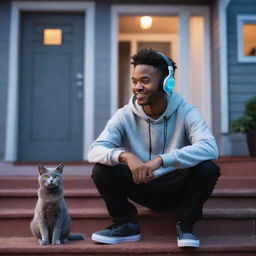 A cool, African-American skater guy wearing headphones and trendy skater clothing, hanging out at his house with his gray cat, illuminated by vibrant LED lights