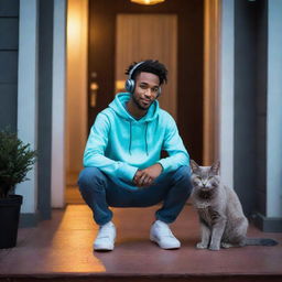 A cool, African-American skater guy wearing headphones and trendy skater clothing, hanging out at his house with his gray cat, illuminated by vibrant LED lights