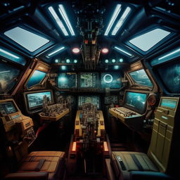 The interior of a commando van that transforms into a futuristic jet fighter, showcasing an advanced control panel, high-tech navigation systems, and automated weapon controls.