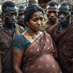 A poignant scene featuring a tired pregnant Indian woman dressed in a beautifully patterned saree, her expression marked by weariness