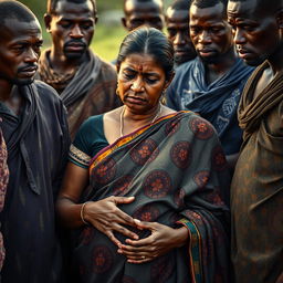 A poignant scene featuring a tired pregnant Indian woman dressed in a beautifully patterned saree, her expression marked by weariness