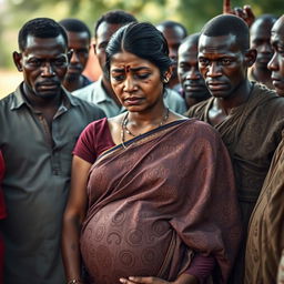 A poignant scene featuring a tired pregnant Indian woman dressed in a beautifully patterned saree, her expression marked by weariness