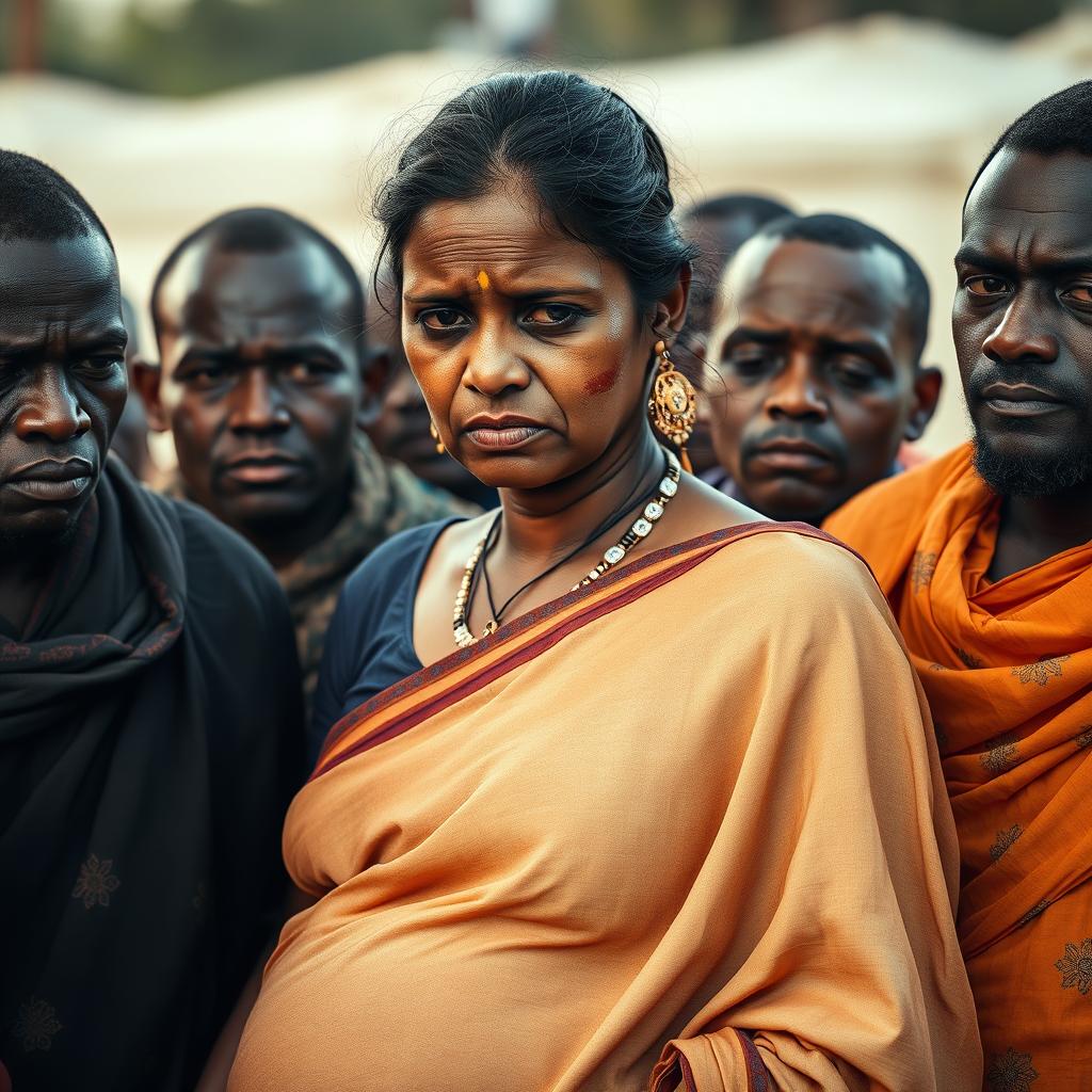 A poignant scene featuring a tired pregnant Indian woman dressed in a beautifully patterned saree, her expression marked by weariness