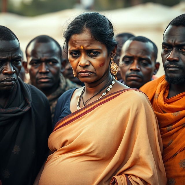 A poignant scene featuring a tired pregnant Indian woman dressed in a beautifully patterned saree, her expression marked by weariness