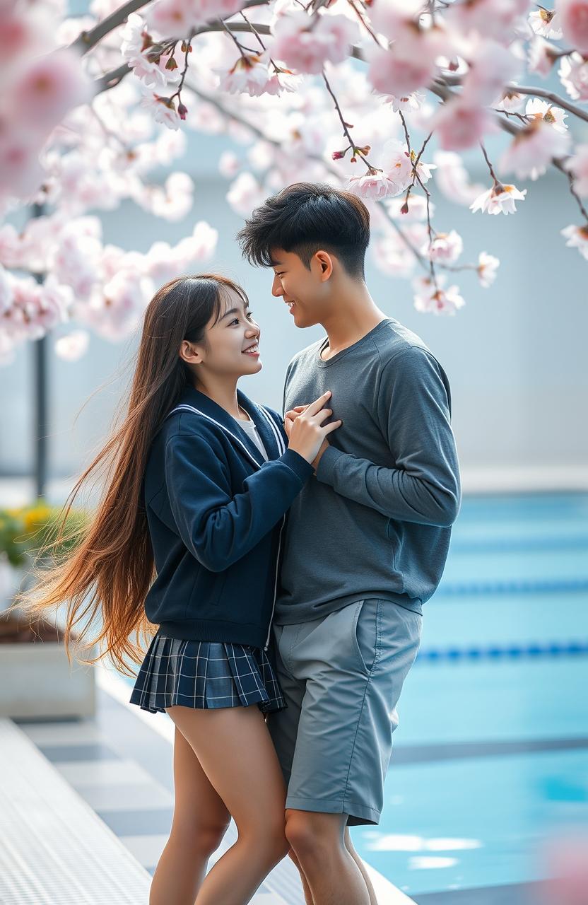 A romantic scene featuring a modern Korean boy swimmer and a school girl who has time traveled to when she is 17 years old