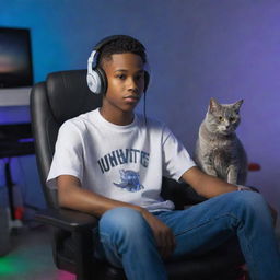 A hip African-American teenager wearing headphones and skater clothing, seated on a gaming chair in his room, with a gray cat by his side, bathed in the glow of LED lights