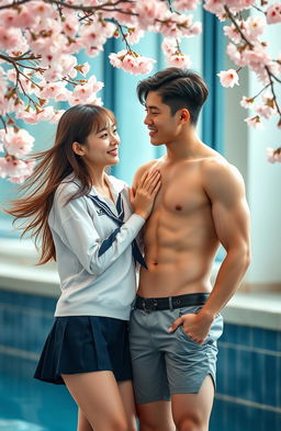 A romantic scene featuring a modern Korean boy swimmer and a school girl who has time traveled to when she is 17 years old