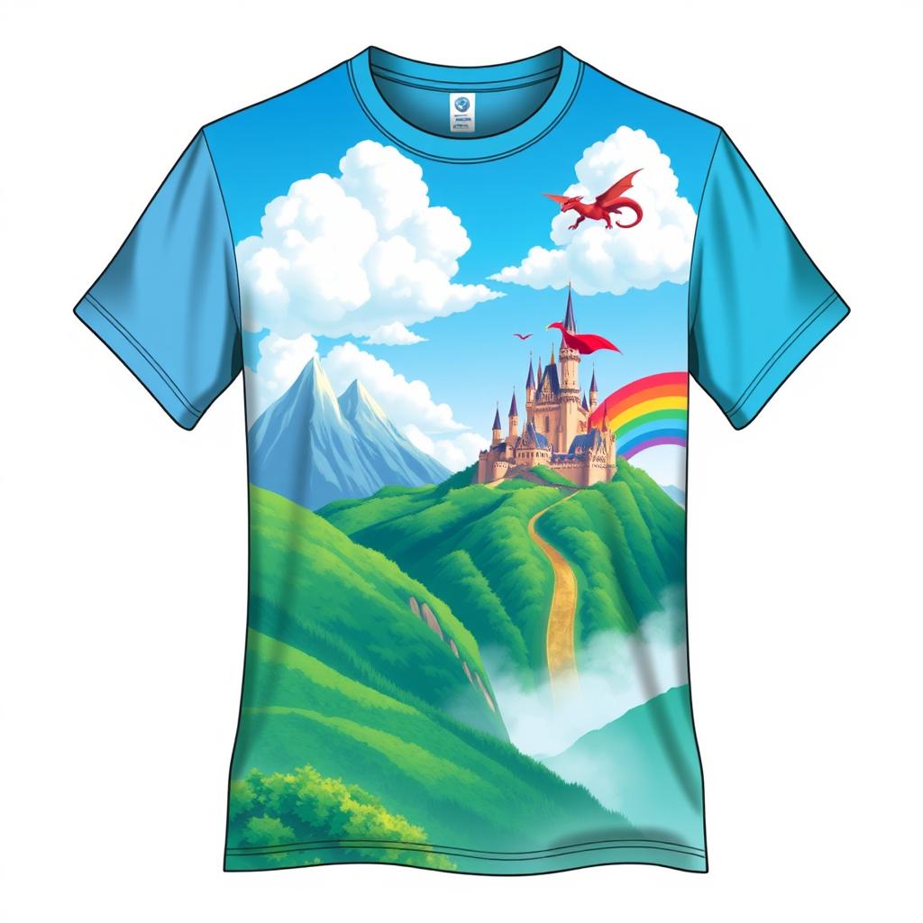 A stylish t-shirt design featuring a vibrant and colorful graphic that showcases a fantastical landscape with lush green mountains, a bright blue sky with fluffy white clouds, and a whimsical castle in the distance