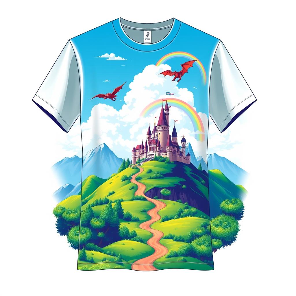 A stylish t-shirt design featuring a vibrant and colorful graphic that showcases a fantastical landscape with lush green mountains, a bright blue sky with fluffy white clouds, and a whimsical castle in the distance