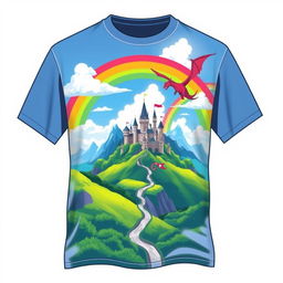 A stylish t-shirt design featuring a vibrant and colorful graphic that showcases a fantastical landscape with lush green mountains, a bright blue sky with fluffy white clouds, and a whimsical castle in the distance