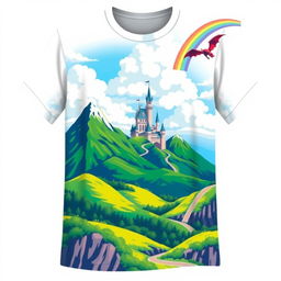 A stylish t-shirt design featuring a vibrant and colorful graphic that showcases a fantastical landscape with lush green mountains, a bright blue sky with fluffy white clouds, and a whimsical castle in the distance