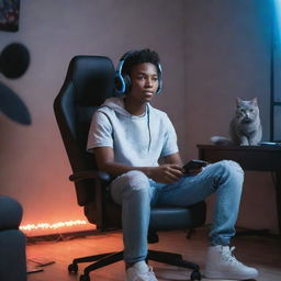 A hip African-American teenager wearing headphones and skater clothing, seated on a gaming chair in his room, with a gray cat by his side, bathed in the glow of LED lights