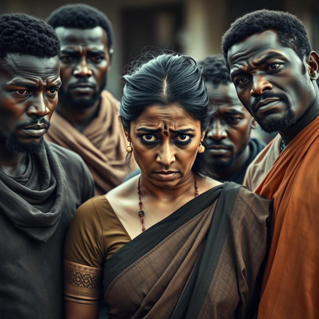 A dramatic scene portraying a scared Indian woman dressed in a saree, her expression filled with fear and distress