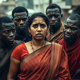 A dramatic scene portraying a scared Indian woman dressed in a saree, her expression filled with fear and distress