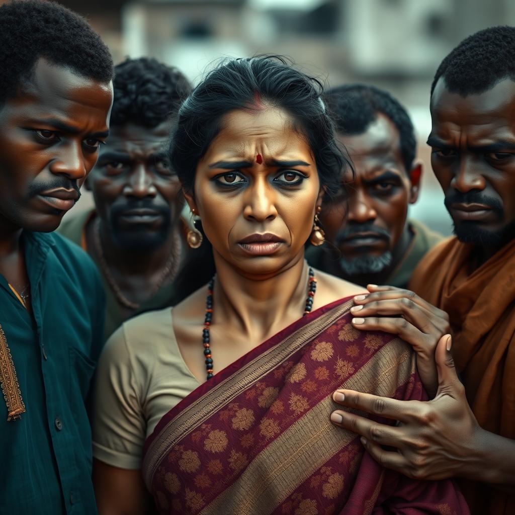 A dramatic scene portraying a scared Indian woman dressed in a saree, her expression filled with fear and distress