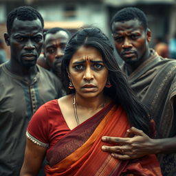 A dramatic scene portraying a scared Indian woman dressed in a saree, her expression filled with fear and distress